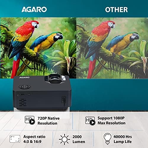 AGARO AG60 HD projektor sa 2000 LUX Full HD 1080P 120 video projektor, kućni i vanjski filmski projektor kompatibilan sa pametnim