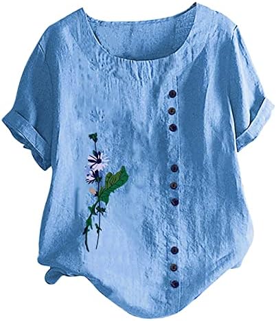 Plus size pamučne posteljine za žene Ljeto kratki rukav Crewneck Cvjetni ispisani Basic Majice Loose Comfy gumb dolje bluza