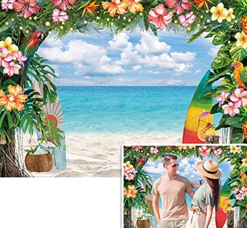 Ljetna Pozadina Havajske Plaže Tropsko Havajsko Nebo Okean Cvijeće Palme Lišće Daska Za Surfanje Pozadina Rođendanska Zabava Aloha Luau Zabava Dekoracija Tuša Za Bebe Foto Galerija Štand Rekviziti
