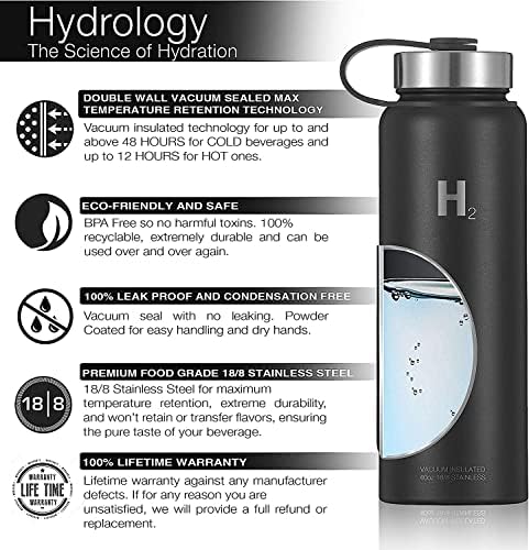 H2 HIDOLOGIJA Uska boca za vodu sa 3 poklopca | Dvostruka zidna vakuumska izolirana boca za vodu od nehrđajućeg čelika | Sportska