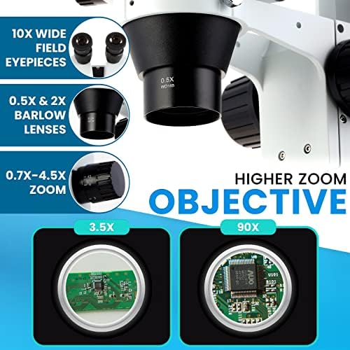 Amscope SM-3BZ-80S Dvogledni Stereo mikroskop, okulari WF10x, uvećanje 3,5 X-90X, snaga objektiva 0,7 X-4,5 X, sočiva Barlow od 0,5 X i 2,0 X, LED izvor svjetlosti u stilu prstena od 80 sijalica, postolje s jednom rukom, 110v