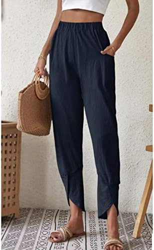 Lanene ošišane pantalone sa širokim Krojem Capris za žene jednobojne elastične čekane pantalone udobne široke Lounge duge pantalone