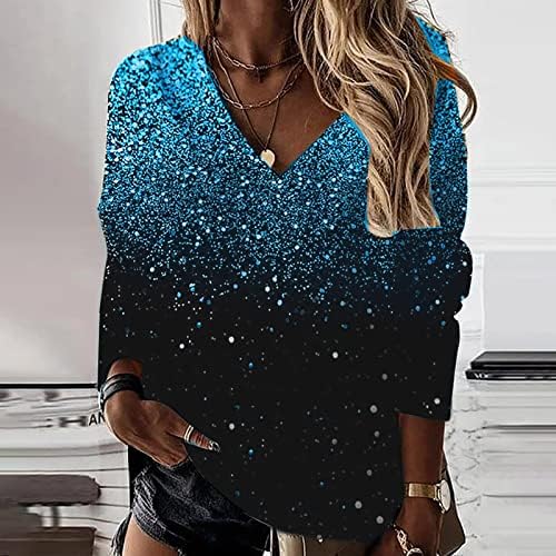 Camisetas Gran Tamaño Lentejuelas para mujer Blusa Manga Larga Con Cuello Pico Camiseta Holgada Brillante, Túnicas