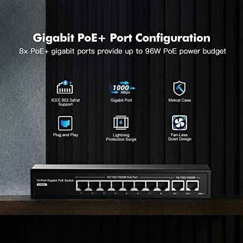 Yulanca 10 Port Gigabit POE prekidač, 8 port Poe + i 2 uplink, 10/100 / 1000Mbps, IEEE802.3AF / AT MAX 96W, bez obroka bez ikaniranog