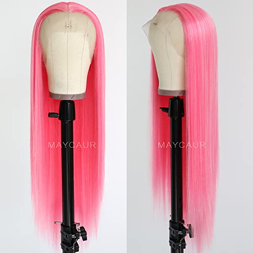Maycaur Pink čipke prednje perike duge ravne kose 22 inčne perike bez glupe za modne žene otporne na sintetičke čipke prednje perike sa prirodnom linijom kose
