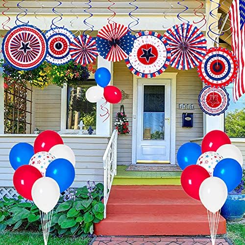 90shine 37pcs 4. / Četvrti julski ukrasi - crveni bijeli plavi patriotski spomen-dan navijači za papic + viseći vrtlozi + zvijezdani streamer + balon vijenac na otvorenom rođendanske zabave