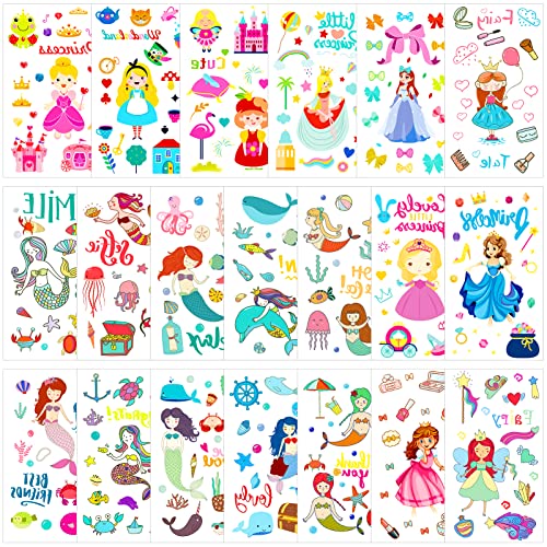 QPout 20 listova Privremene tetovaže za djecu za djecu, crtane sirene i princeze lažne naljepnice za tetovaže, djevojke rođendanske torbe za zabavu punila, ručno ukrašavanje ruku