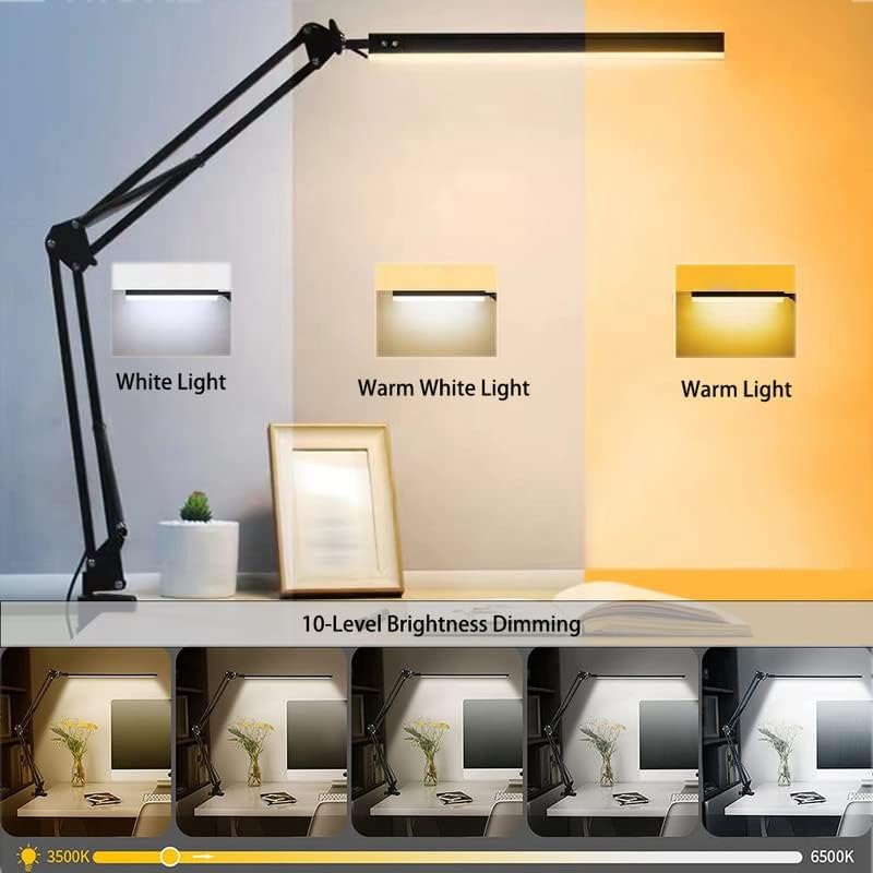 Niubai LED stol lampica Swith Arm Desk svjetlo sa stezaljkama Prijenosna svjetiljka za njegu očiju 3 boje 10 Nivoi svjetline 360 ​​stupnjeva okretanje sa USB adapterom za dom, ured, studiju, čitanje, spavaonice, studiji