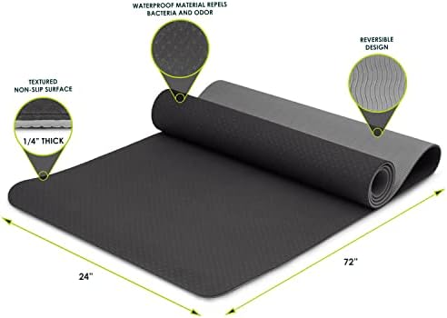 ProsourceFit Natura TPE Yoga Mat 1/4 Debeli, 72 dugo, reverzibilni sa visoke gustoće jastuk & Non-slip teksture, Eko-svestan, Crna / Siva