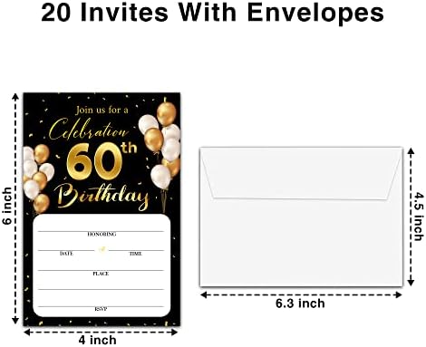 60. rođendanske kartice s kovertama - klasična zlatna tema Ispunite prazne rođendanske zabave Pozovite kartice, za čovjeka, žena zabavljajte banketske potrepštine za banket, 20 pozivnica sa kovertama - B16