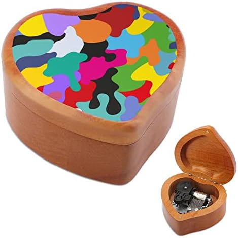 Svijetli kamuflažni uzorak Drvena muzička kutija Oblik srca Windup Music Box Vintage Drveni sat Glazbeni pokloni