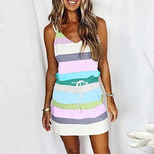 Žene 2023 Ljetna haljina bez rukava V izrez Striped Print Sandresses Labave casual plaža mini haljina s crtežom