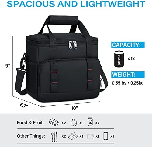Izolovana torba za ručak za muškarce i žene višekratna kutija za ručak za radnu kancelariju Picnic 12-Can torba za hlađenje za ručak nepropusna kutija za ručak za odrasle sa podesivom naramenicom, Crna