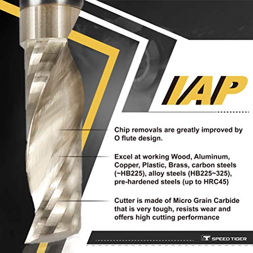 SPEED TIGER IAP Solid Carbide CNC Spiral o Jednostruki mlin za flautu, 3/8prečnik 3/8 drška, 3OVL za aluminijum, drvo, plastiku, mesing,