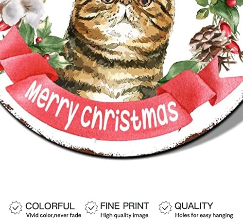 Sretan božićni vijenac potpisuje vintage mačka sa santa šeširom Holly vijenac okrugli metalni limenki znak visi božićni ukrasi zatvoreni