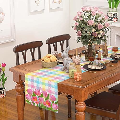 FARMNALL plavi tulipani ružičasto-Žuti bivoli provjeravaju karirani stol trkač seoska kuća proljeće ljeto Uskršnje kućne kuhinje ukrasi