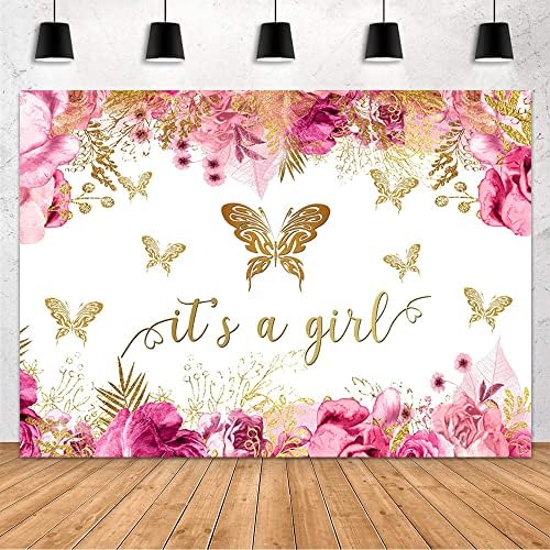 MEHOFOND Butterfly Baby Shower Backdrop It's a Girl baby Shower Decorations Banner Supplies Spring Pink Floral Butterfly Girl Fairy Baby Shower Background Studio Photoshoot rekviziti Vinyl 7x5ft