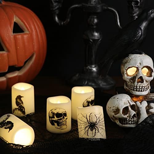 GenSwin Halloween Flameless Votive Candles sa 6h tajmerom, LED TeaLight svijeće na baterije sa lobanjom, paukova mreža, naljepnice