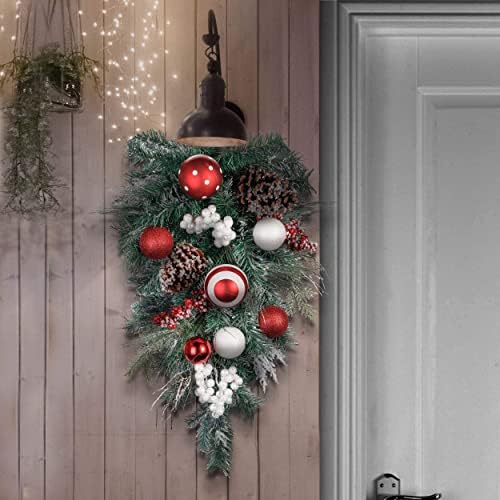 Valery Madelyn Tradicionalni crveni bijeli božićni ukrasi Paketa | Predsvijetljeno 6 metara vijenac, suzavska zavlače s kugličnim ukrasima za prozor s prednjim vratima Kamin Mantel Xmas Decor