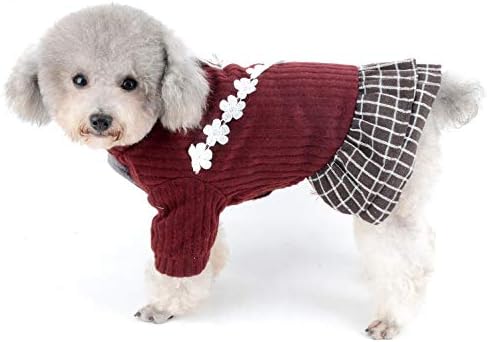 Selmai pulover pletene džempere za male pse Chihuahua odjeća pamučna fleka zimske tople haljine za djevojčice psi mačke štenad mačići ukras cvijeća modna karirana suknja Hladno vrijeme crvena l