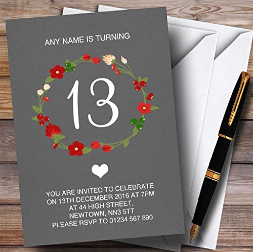Crveni cvjetni vijenac sivi rustikalni 13. personalizirani rođendanski pozivnici