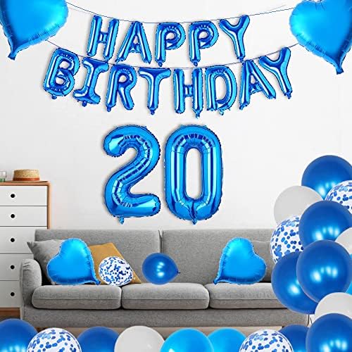 Yujiaonly 20. rođendanski ukrasi za rođendan Blue Happy Birthday Foil Balloons Blue Broj 20 Happy Birthday Sash Cake Topper Latex