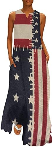 4. jula Maxi haljina za žene ljetna Ležerna labava Boho haljina bez rukava V haljina na plaži sa američkom zastavom