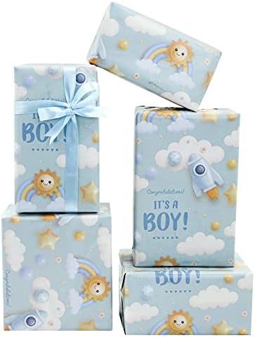 To je omot za dječake, novorođeni dječački svijetloplavi papir za umotavanje poklona,4 presavijena lista 20x28 inča po listu sa trakom