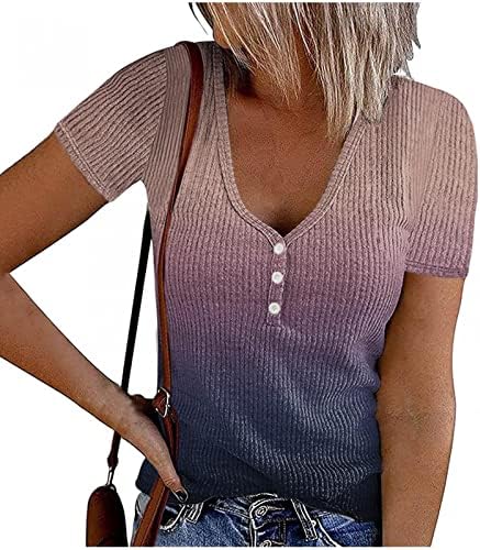 Charella Womens Gradijent tiskane Thirts Henley Vneck Square Crsteck Bluuses T majice s kratkim rukavima Thirts 2023 Z0