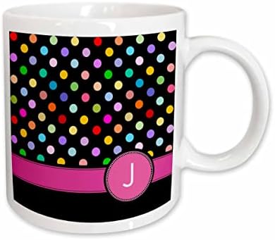 3Droza slovo J Monogram na uzorak Rainbow Polka Dots sa vrućim ružičastom. - krigle