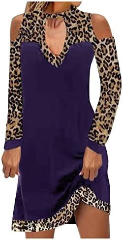Nokmopo duge haljine za žene formalno casual leopard panela u boji od ramena s dugim rukavima ravna haljina