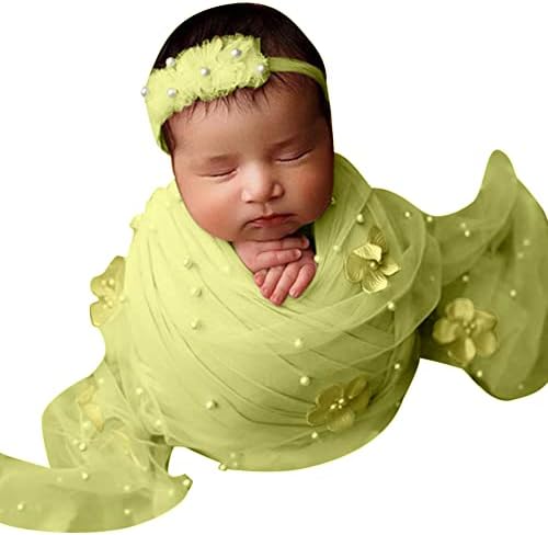 Surakey Baby Photographet Bobet, nowborn wrap pokrivač kapica, rastezanje swaddle biserne cvijeće žuto