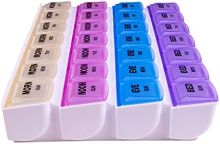 Apex 7-dnevni Mediplanner Organizator pilula, sedmični Organizator pilula, 4 puta dnevno označen bojama, lako otvoren, providan poklopci, organizira lijekove ili vitamine do ujutro, navečer, navečer i prije spavanja