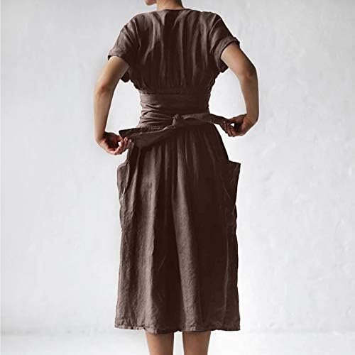 Žene crne haljine labave čvrste V-izrez kratki rukav vintage rad Casual haljine za žene džep harajuku Split hem remen haljina
