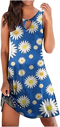OPLXUO 2023 Ljetna boho haljina za žene šuplje izdvojena Crewneck Cvjetni printed plaže Ležerne prilike sa rukama bez rukava bez rukava