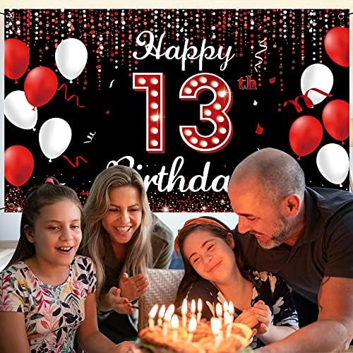 13. rođendan Banner, sretan 13. rođendan ukrasi za djevojčice, crvene crne 13 godina star rođendanska zabava Foto Booth Red, trinaestordani