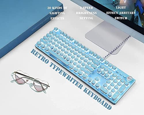 Liourfe žičana plava Retro pisaća mašina mehanička tastatura za igre sa čisto belim pozadinskim osvetljenjem, 108 tastera Retro Steampunk