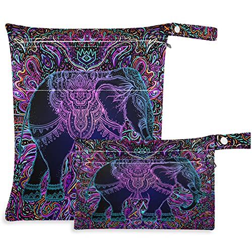 Visesunny Tribalni slon Šareni Paisley Design Boho Mandala uzorak 2pcs mokra torba sa džepovima sa zatvaračima koji se mogu zamijeniti