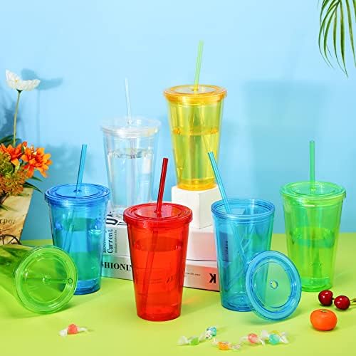 SEEWEY 30 pakovanja šarena izolovana čaša sa dvostrukim zidom sa slamkom i poklopcem 16 Oz akrilne plastične čaše za višekratnu upotrebu