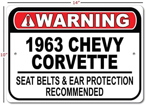 1963 63 Chevy Corvette sigurnosni pojas Preporučeni brz auto, metalni garažni znak, zidni dekor, GM Auto set - 10x14 inča