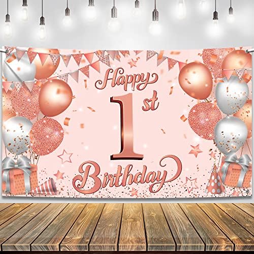 Katchin, Veliki Happy 1. rođendan Baner - 72 x 44 inča | Rose Gold sretan prvi rođendan Baner za djevojku | Prvi rođendan ukrasi za