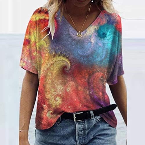 Ženski vrhovi kratki rukav V izrez na plaži Tunic Tunts 2023 Dressy casual bluza Art ulje slikarska cvjetna ljetna majica