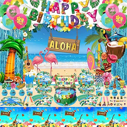 Oprema za rođendan Luau, Luau Tematske rođendane ukrasi za rođendan uključuju sretan rođendan banner, balone, pozadinu, toku za torte, pribor za jelo