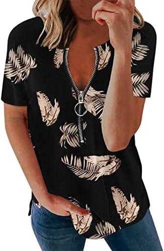 Žene ljetne vrhove Žene Modne vrhunske košulje Print Tunic V izrez patentni patentni strojevi gornji kratki rukav elegantan casual