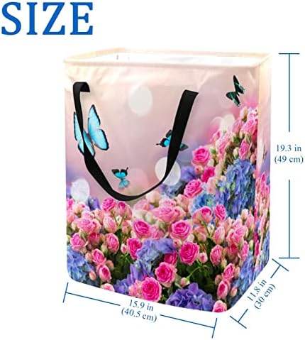 Leptiri na ružama i plavom cvijeću Hortenzia Print sklopiva korpa za veš, 60L vodootporne korpe za veš veš igračke ostava za spavaonicu kupatilo spavaća soba