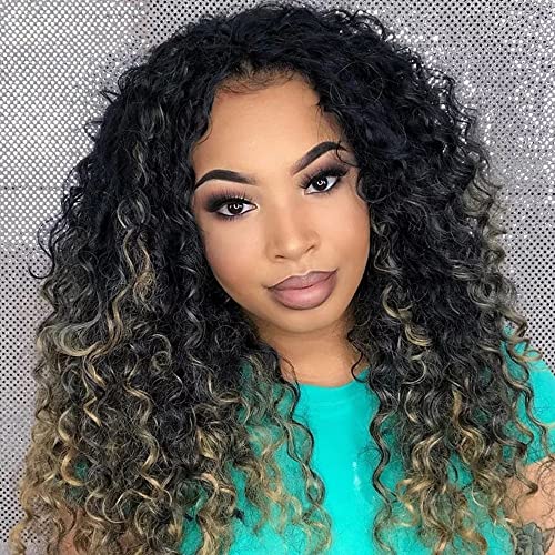 Quinlux Wigs Highlight Wigs Ombre Colored Afro Kinky Curly 13x6 HD Invisible Lace Frontal Wig Loose Water Wave Human Hair Pre Plucked for Women with Baby Hair Belleched Knots Glueleless Full End Wig 26