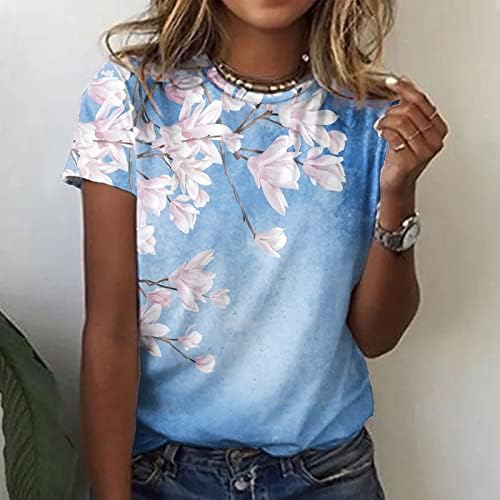 Žene Jesen Ljeto TEE 2023 Short rukav pamuk Crewneck Cvjetni vrat grafički cvjetni ručak bluza majica za djevojčice mm