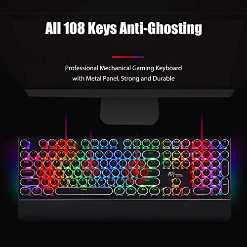 RK ROYAL KLUDGE S108 Retro mehanička tastatura za igre u stilu pisaće mašine ožičena sa pravim RGB pozadinskim osvjetljenjem sklopivim ručnim naslonom 108 tipki plavi prekidač okrugla kapica-Crna