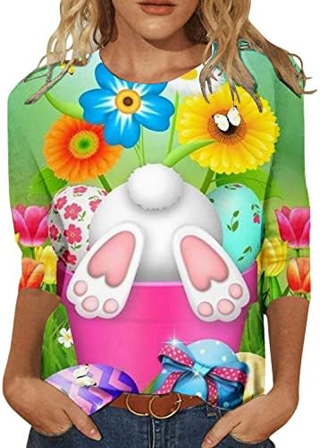 Cheekey Easter Tee majice za žene 3/4 rukava Ženska zeko ispis Ležerne modne posade Crte dugmeTree Uskrsni vrhovi za žene