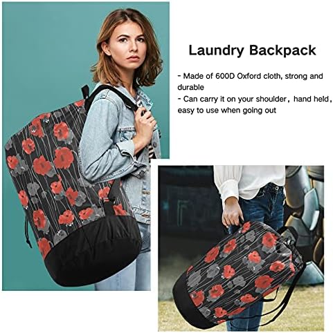 Red grey Flowers torba za pranje veša Heavy Duty ruksak za pranje veša sa naramenicama i ručkama putna torba za veš sa zatvaračem